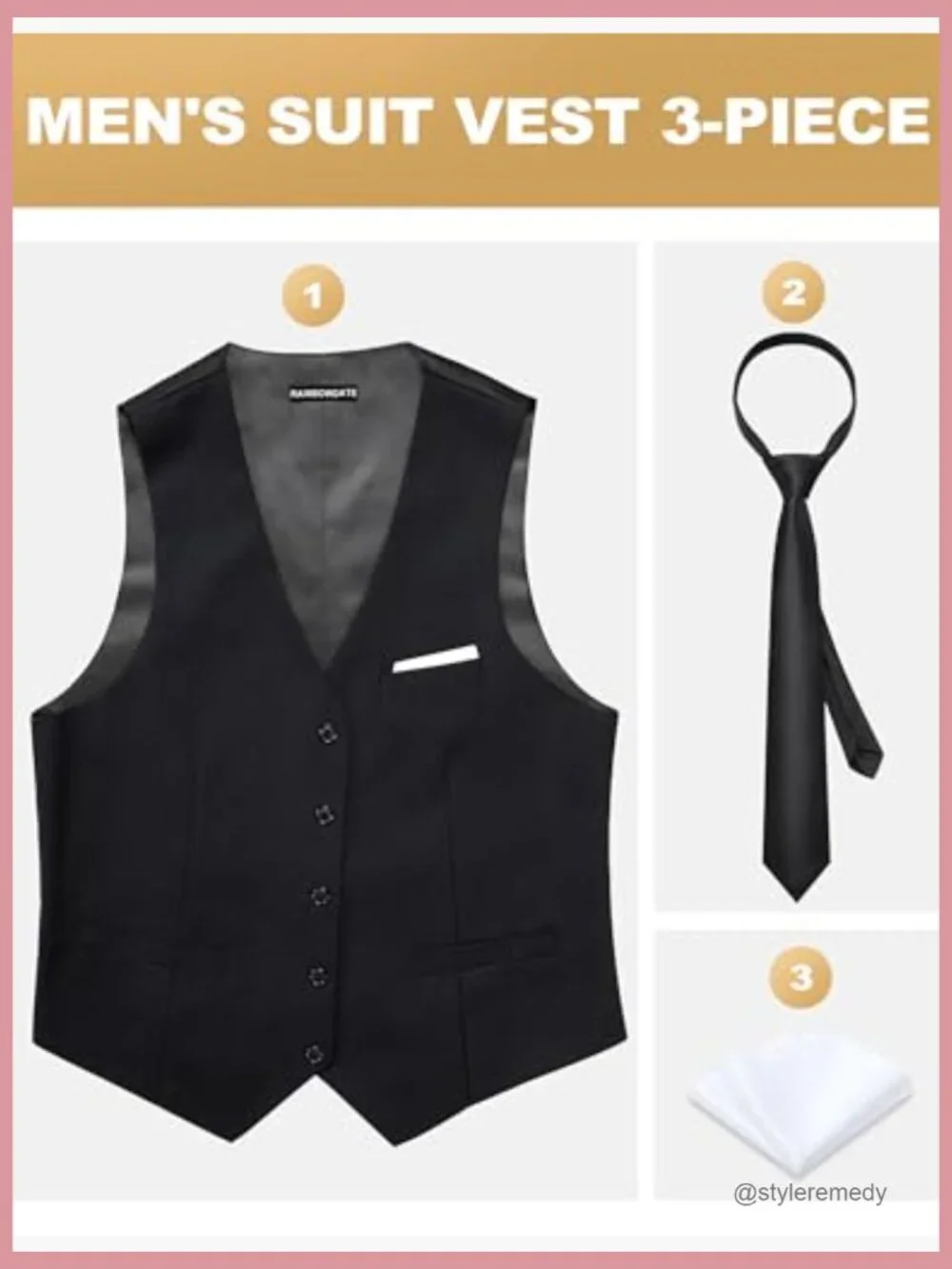 Slim Fit Satin Back Formal Vest with Tie & Pocket Square